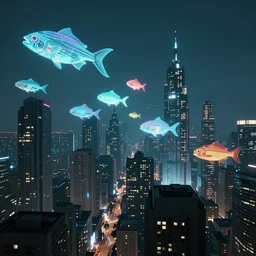 Wide angle shot of a cyberpunk city with holographic fishes floating in the sky by Petros Afshar and Beeple, James Gilleard, Mark Ryden, Wolfgang Lettl highly detailed, Dark cineamtic and atmospheric lighting