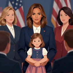 illustration of a political meeting of maci holloway first woman elected as president in usa, cold but beautiful, about 3 5 years old, highly detailed, mix of halle berry and julia roberts, gong li, olga kurylenko, artstation hd, deviantart, by artgem, greg rutkowski