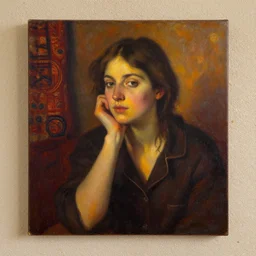 portrait in femininity, thoughtful face, warm glow, cozy room bathed in light, captured memory, recollection, impressionism, woven textiles, stucco wall, radiosity, terrazzo, pj crook, michael garmash, livia prima, nick alm, casey baugh, deep color, oil on canvas