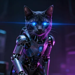 Synthwave cat with cybernetic limbs and laser eyes. Cyberpunk, dark, 8k resolution.