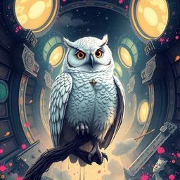 wise wealthy white - owl travels through time via steampunk portals, pixiv fanbox, dramatic lighting, maximalist pastel color palette, splatter paint, pixar and disney exploded - view drawing, graphic novel by fiona staples and dustin nguyen, peter elson, alan bean, wangechi mutu, clean cel shaded vector art, trending on artstation