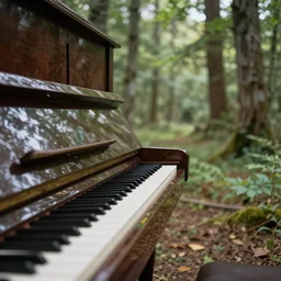 a piano in the forest, peacefully, photo realistic, ultra detailed,