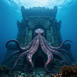 an ancient temple with an enormous tentacle beast behind it at the bottom of the ocean, underwater photography, thalassophobia