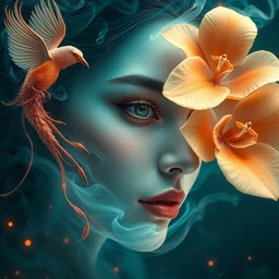 3 d close up swirly portrait of the face of a beautiful princess with translucent nautilus jellyfish phoenix bird and giant orchid flower and giant gladiola surrounded by smoke and water fire energy flow, highly detailed. octane render, excellent composition, by wlop, tooth wu, greg rutkowski, beeple. teal and orange