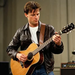 action shot of Marty McFly playing guitar