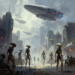 An alien cityscape, futuristic alien beings walking through the streets, super advanced alien spacecraft flying in the skies above the city, by Frank Frazetta. Trending on CGSociety, 16k Resolution, hyperdetailed ::