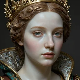detailed realistic beautiful young medieval queen face portrait by jean delville and marco mazzoni, art nouveau, symbolist, visionary, gothic, preraphaelite, hyperdetailed realistic smooth polished porcelain, ultrasharp hyperdetailed photorealistic octane render