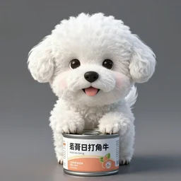a white cuddly dog on top of a can of food, digital art, nicely detailed