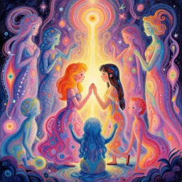 a psychedelic realm where astral beings share love | greg rutkowski | wlop | lisa frank | bob ross | ruan jia | illustration
