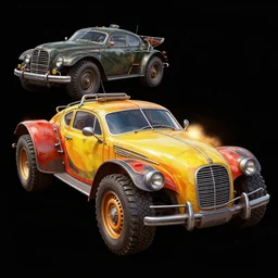Fallout Pre-War Vehicles Concept Art, vibrant colors, 8k photorealistic, black background, HD, high details, trending on artstation