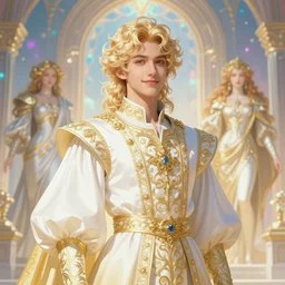 fullbody portrait of a young hero with curly blond hairs, soft smile, baroque cloth, luminous scene, final fantasy and legue of legends champion, by chengwei pan and alpfons mucha, gradient white to gold, in front of an iridescent magical building background, highly detailed portrait, digital painting, smooth, focus illustration