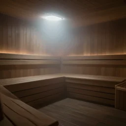 photo of a misty infinite sauna, megalophobia, liminal space, low key, ultra clean and misterious ambiance, there is something lurking in the fog, ray tracing