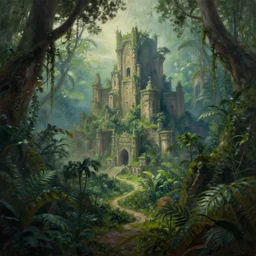 Trending on artstation, beautiful lost city inside a jungle, detailed matte painting, oil on canvas