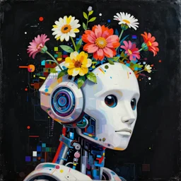 a painting by jeremy mann of a white robot head with flowers growing out, highly detailed, color bleeding, pixel sorting, plain black background, studio lighting, high contrast, bold composition, abstract paint color splotches