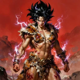 Muscular ultraviolent Saiyan woman, wild spiky black hair, electrified hair, animal skin pelt, pelt, human-skin pelt, ragged torn caveman pelt, cavewoman, prehistoric fantasy, primeval fantasy, electricity aura, battle scars across body, red sky, battle-scarred, bloody, drawn by Frank Frazetta, pulp art, hyper-detailed