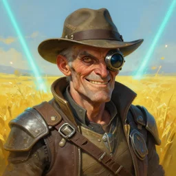 an intimate portrait of a gnarly human solarpunk captain, old skin, faded fedora, charming, strong leader, metal eye piece, a look of cunning, big smile, detailed matte fantasy painting, golden fields, lasers, sparks, yellow and blue and cyan