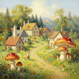 mushroom village, painting by thomas kinkade