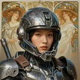 portrait painting of asian woman in mecha helmet, by artgerm and greg rutkowski and alphonse mucha, ultra realistic, concept art, intricate details, highly detailed, photorealistic, octane render, 8 k, unreal engine