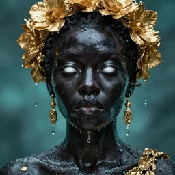 hyperrealistic neo - classical cinematic very expressive! black oshun goddess, white eyes, body in water, mirror dripping droplet!, gold flowers, highly detailed face, digital art masterpiece, smooth eric zener cam de leon dramatic pearlescent teal light, ground angle uhd 8 k, sharp focus