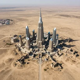 city of crystal spires surrounded by ruins on a dusty plain viewed from the air