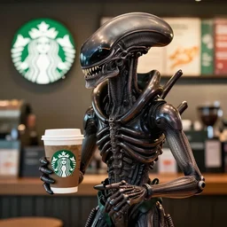 The Xenomorph, employee of the month at Starbucks, very detailed, portrait, digital artwork, 8k, masterpiece.