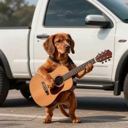 A folkpunk brown hound dog playing the guitar in front of a pickup truck