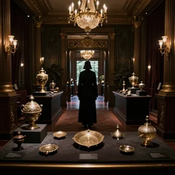 upscale mysterious private auction, unnameable relics on display, cinematic lighting, moody lighting, extravagant details, lobby in the distance, elite dark figure