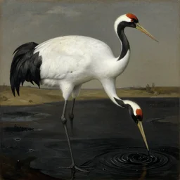 close up white crane dirty with oil after an oil spill, petroleum, dark, polluted water with desolate landscape. painting by jan van eyck, audubon, thomas cole, walton ford