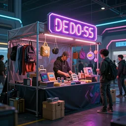 a market stall at a futuristic cyber punk trade show in 2 0 5 5, neon lighting, cinematic, dslr, unreal engine, hyper realistic