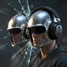 a portrait of a broken brotherhood of steel helmet, wearing susvara headphones, shattered glass and water droplets fly everywhere refracting light, camera is focused on headphones, unreal engine 5, contrast side light, very detailed
