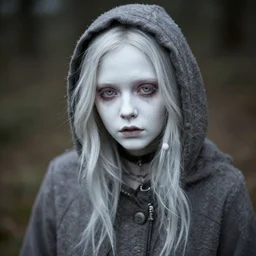 isabelle fuhrman as a creepy doll like woman with white - porcelain skin, dressed as a homeless woman, soft focus