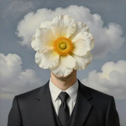portrait of a faceless beautiful flower - head man in a suit, clouds in the background, by rene magritte, detailed painting, distance, middle centered, hd, hq, high resolution, high detail, 4 k, 8 k