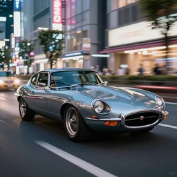 award winning photo of an ultra detailed high quality!! jaguar e - type!! car, shiny, reflective, lowered suspension, speeding very fast along a neon lit tokyo street, fast shutter speed, motion blur, tiny gaussian blur, highly detailed, light streaks, highly intricate, depth of field, trending on top gear, full car body, wide angle lens