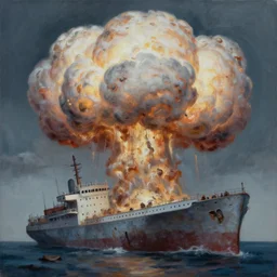 a colossal exploding shipwreck in the style of lisa frank, muted colors, cold colors, oil on canvas