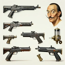 various cyber machine guns and cyber equipment, salvador dali.