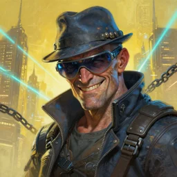 an intimate portrait of a gnarly human cyberpunk captain, old skin, faded hat, charming, strong leader, visor, a look of cunning, big smile, detailed matte fantasy painting, golden cityscape, lasers, chains, sparks, yellow and blue and cyan