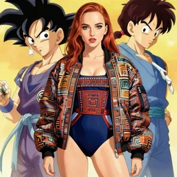 a beautiful! boyish! natalie portman bulma from dragonball, alluring gravure! model, wearing hip hop mayan bomber jacket and leotard with native style overalls, bulky poofy bomber jacket with mayan patterns, guilty gear art style, trending on pixiv, painted by makoto shinkai takashi takeuchi studio ghibli, akihiko yoshida