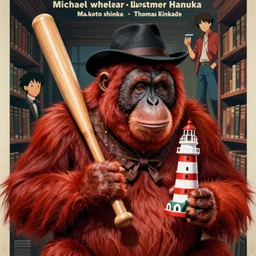 rendering of red orangutan dressed as antiquary holding lighthouse toy as baseball bat, library interior background, travel poster artwork by michael whelan and tomer hanuka, high contrast, full of details, by makoto shinkai and thomas kinkade, matte painting, trending on artstation and unreal engine