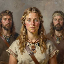 portrait of a germanic hunter - gatherer tribe woman ( 3 5 ) from the the netherlands, an oil painting by ross tran and thomas kincade