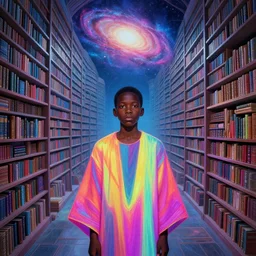 a breathtaking 8 k resolution matte painting of a black boy wearing neon robes inside a vast and endless four dimensional solarpunk library a the end of the galaxy, detailed face, timbuktu, in a symbolic and meaningful style, by m. c. escher and greg rutkowski and zdislaw beksinki, radiant lighting, concept art, retrowave