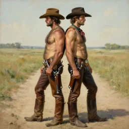 a homoerotic symmetrical painting by clyde aspevig, greg rutkowski, gaston bussiere, j. c. leyendecker of attractive hairy gunslinger and handsome cowboy | they are in love standing back to back | bandoliers, shirtless, leather pants | natural lighting, path traced, highly detailed, high quality, trending on artstation