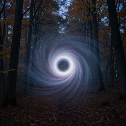 photograph of an interdimensional vortex appearing in the middle of a forest at midnight, high detail, ethereal, 4 k, ultra realistic!!!, autumn, clear weather, sharp focus