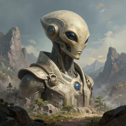 highly detailed professional landscape painting of ancient monumental alien bust in mountains trending on artstation, ultra detail, atmospheric lighting, sci - fi, futuristic, cyberpunk