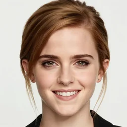 color studio photo of emma watson with monolid eyes, closeup, smiling,