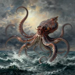 giant kraken with huge tentacles dancing on the waves of a stormy ocean under a dramatic sky, by jmw turner