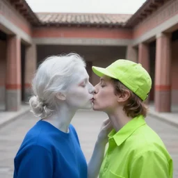 out of focus photorealistic portrait of a beautiful pale woman kissing a man by saul leiter, translucent white skin, foggy, an empty decorated pompeii court, airforce blue, red, bright pale green