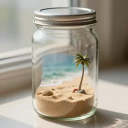 a tiny realistic proportioned beach contained inside a glass jar windowsill in background. sharp focus, photography, unreal engine, trending on artstation, photorealistic, octane, trending on deviantart, unreal engine