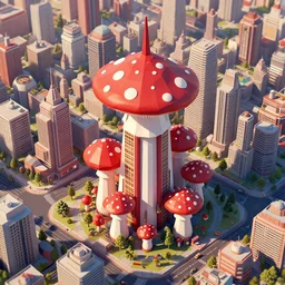 matte 3 d low poly render of a magnificent red and white spotted mushroom skyscraper, solarpunk city, lat lighting, highly populated and full of life, isometric aerial view, epic sense of scale, digital art by beeple, trending on artstation