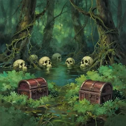 a painting of a swamp with vines, drowning skulls in the background, a treasure chest in bushes, a matte painting by makoto shinkai, studio ghibli, featured on pixiv, plein air, speedpainting, painterly, matte drawing