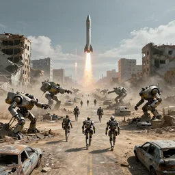 machines and robot soldiers run on the horizon in a deserted street full of machines and wrecked cars. there are destroyed and abandoned buildings in the background. rockets take off on the horizon leaving this planet that has become uninhabitable, 4k, highly detailed, cinematic render